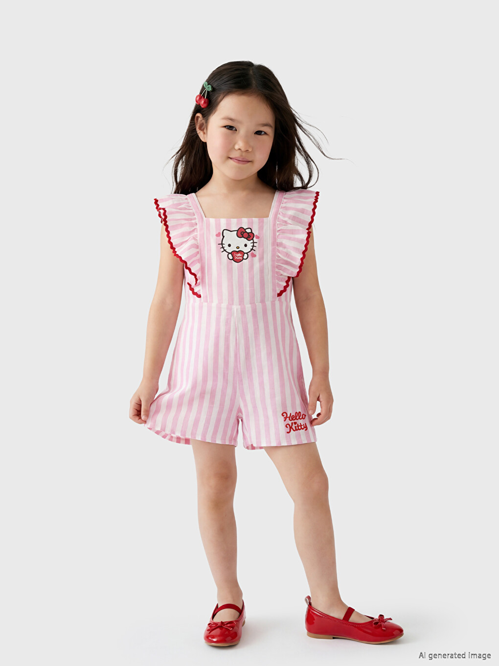 Pembe Fırfırlı Hello Kitty Nakışlı Kız Çocuk Salopet