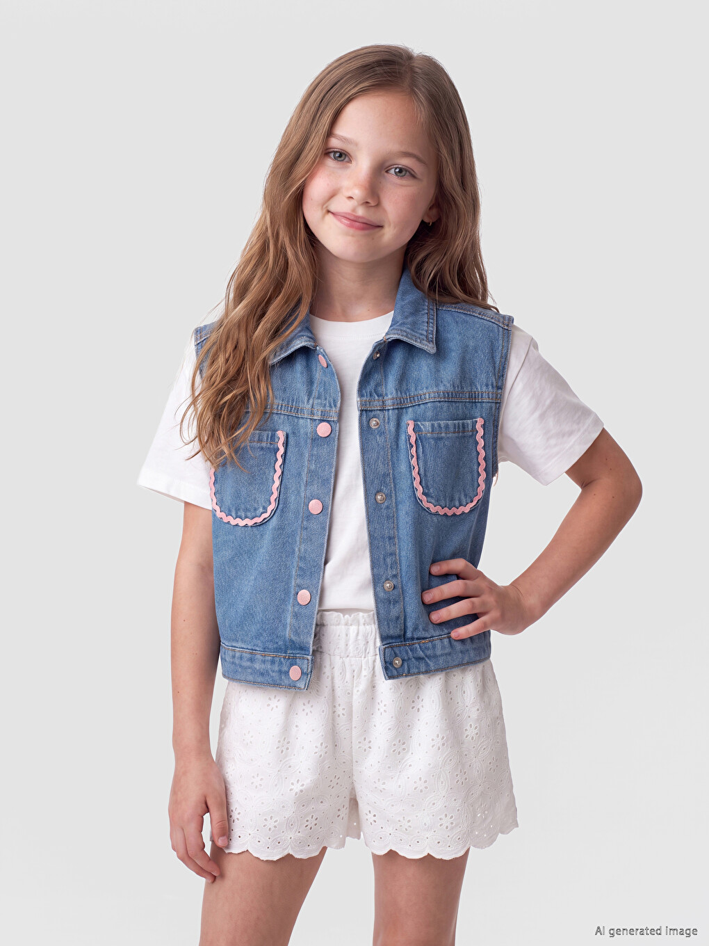 Collared Neck Basic Girls' Jean Waistcoat