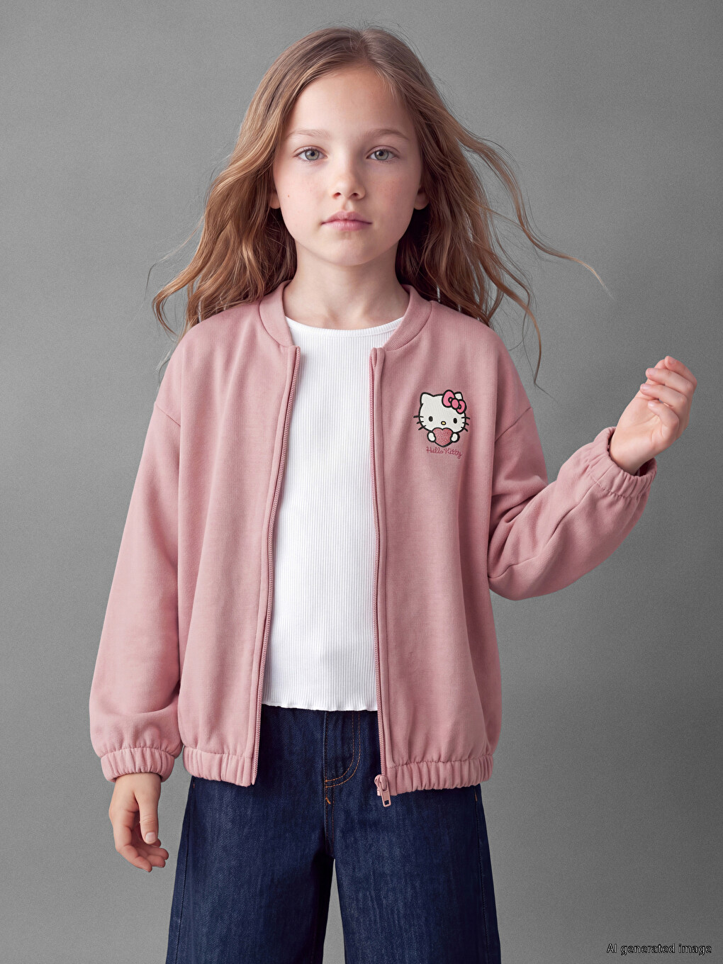 Lila Bisiklet Yaka Hello Kitty Baskılı Kız Çocuk Sweatshirt