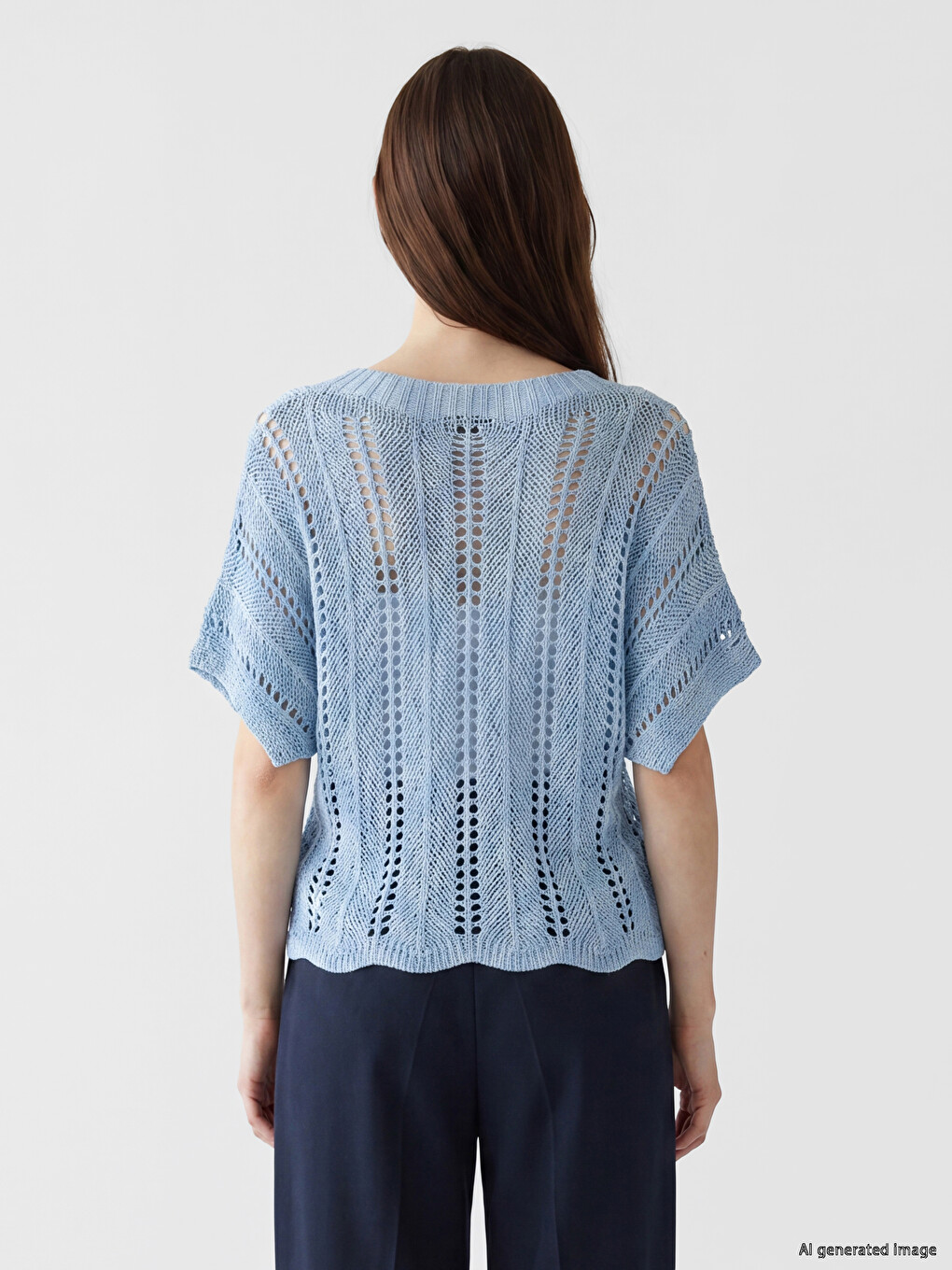 Mavi Kayık Yaka Ajurlu Kadın Triko Kazak-3
