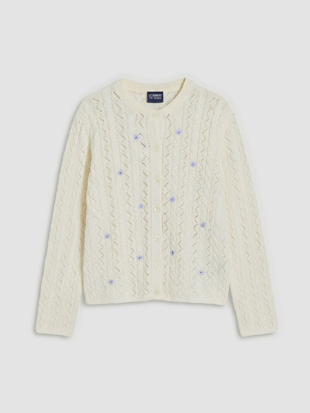 Ekru Çiçek Nakışlı Kız Çocuk Ajurlu Triko Hırka