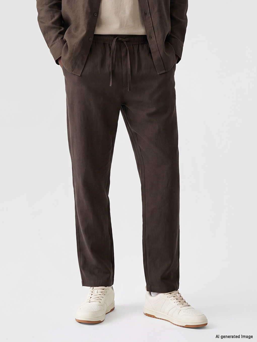 Kahverengi Regular Fit Keten Görünümlü Erkek Pantolon