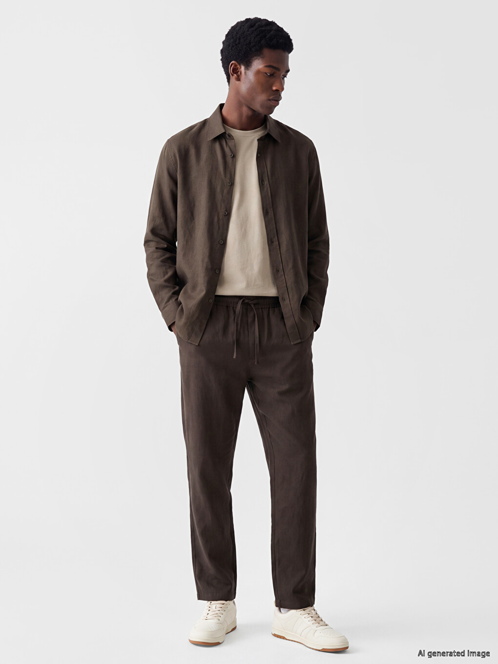 Kahverengi Regular Fit Keten Görünümlü Erkek Pantolon-1