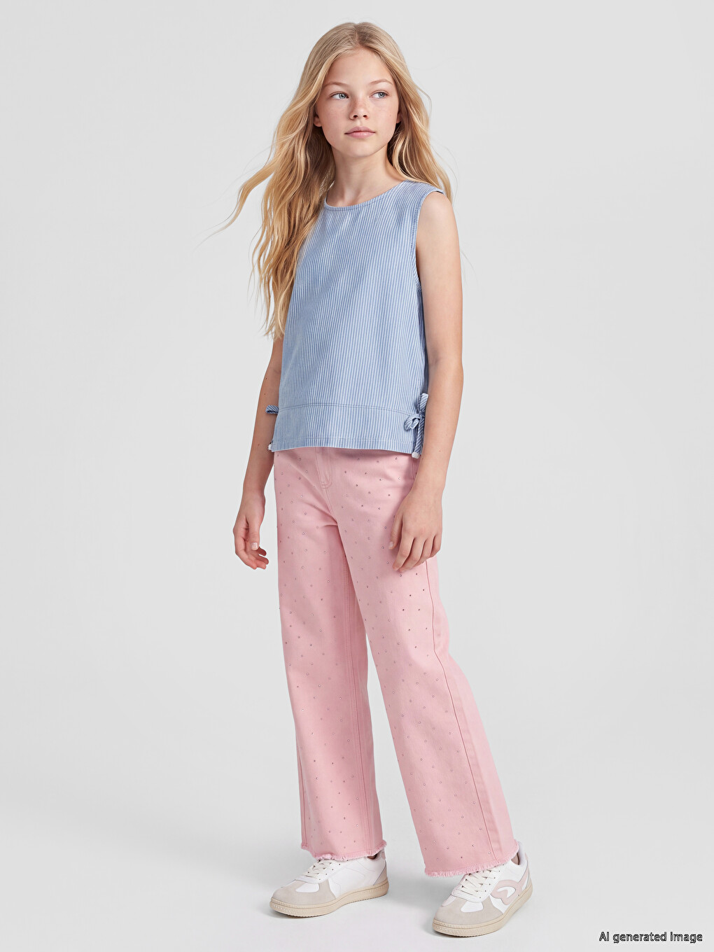 Pembe Wideleg Taşlı Kız Çocuk Jean Pantolon