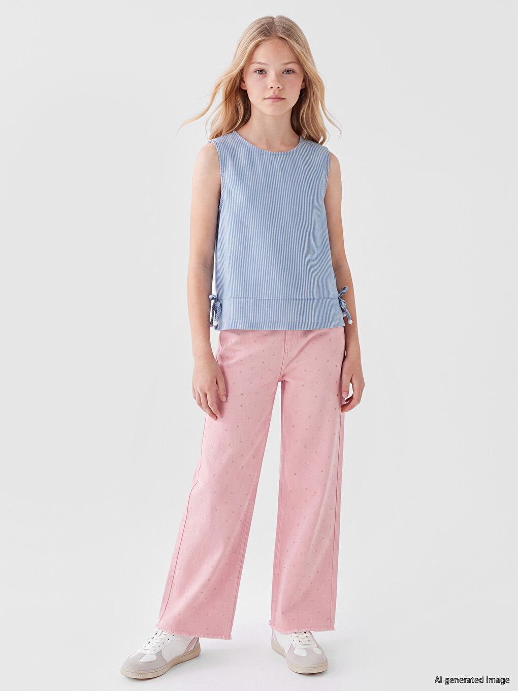 Pembe Wideleg Taşlı Kız Çocuk Jean Pantolon-1