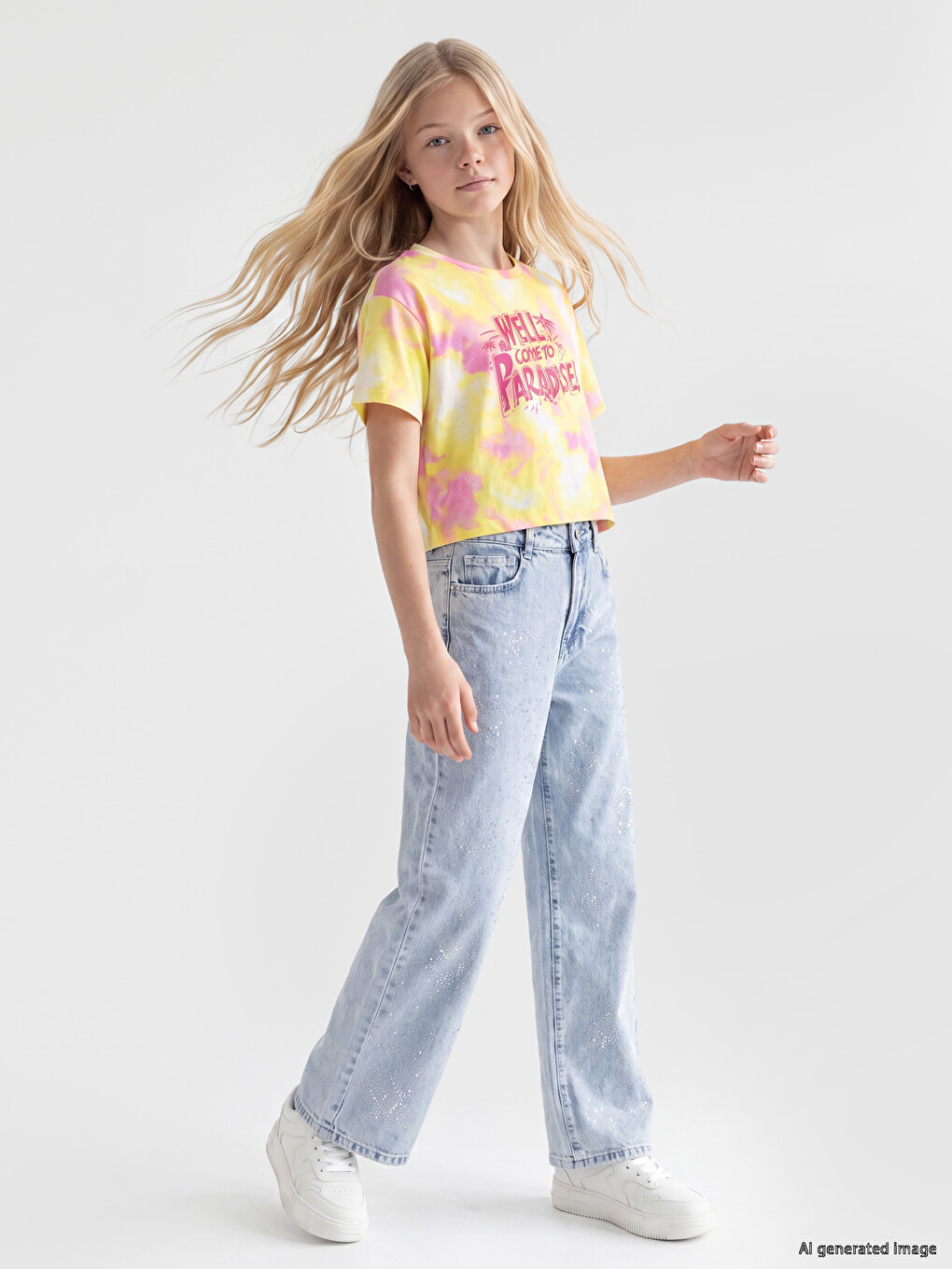 Mavi Wideleg Taşlı Kız Çocuk Jean Pantolon