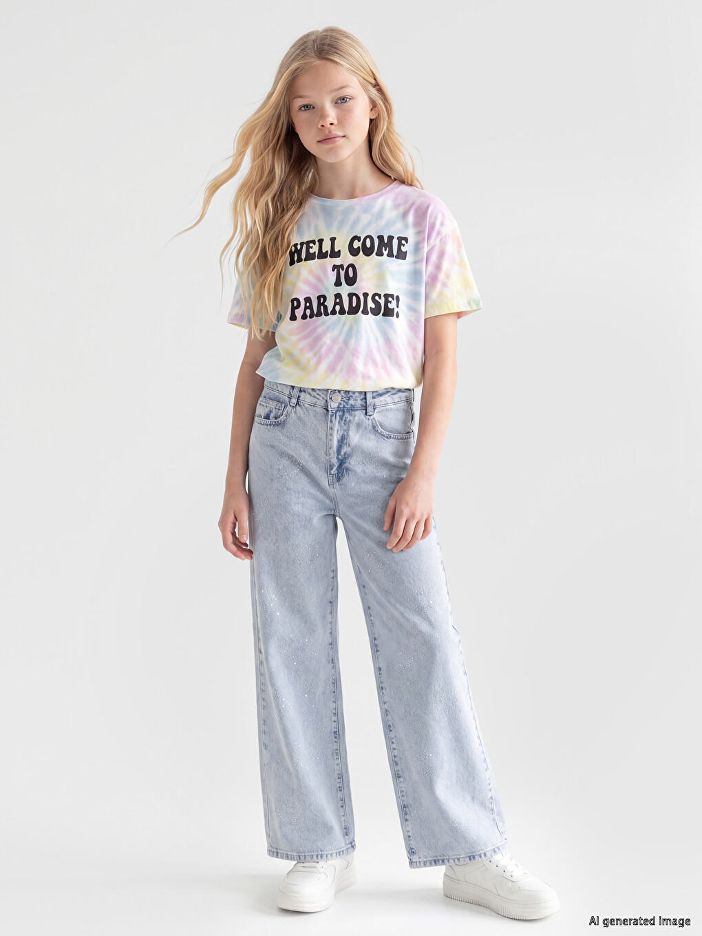 Mavi Wideleg Taşlı Kız Çocuk Jean Pantolon-1