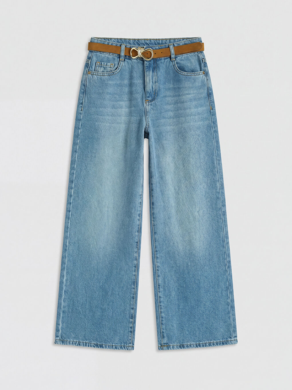 İndigo Beli Kemerli Wideleg Kız Çocuk Jean Pantolon