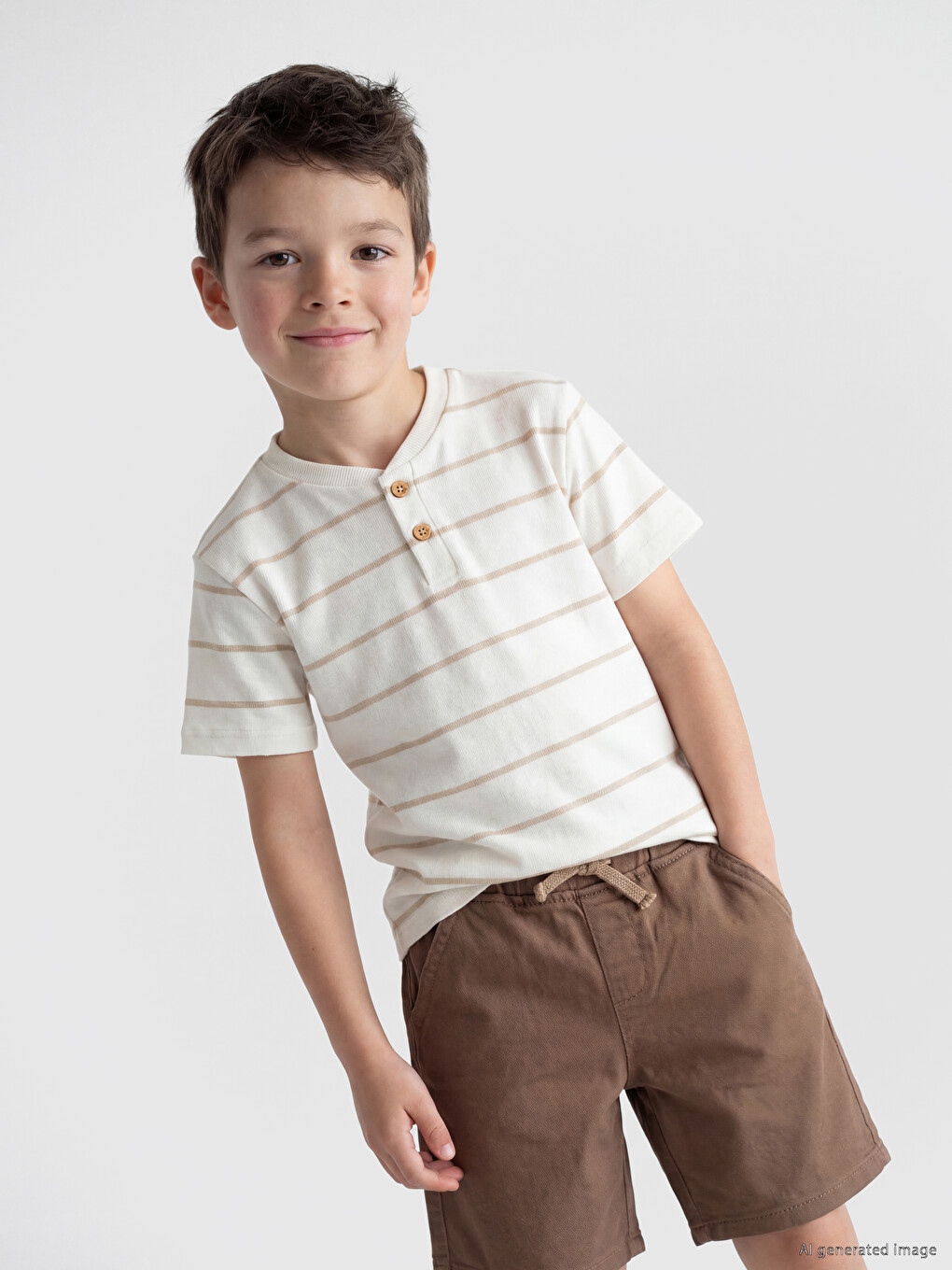 Ekru Erkek Çocuk Henley Yaka Tişört
