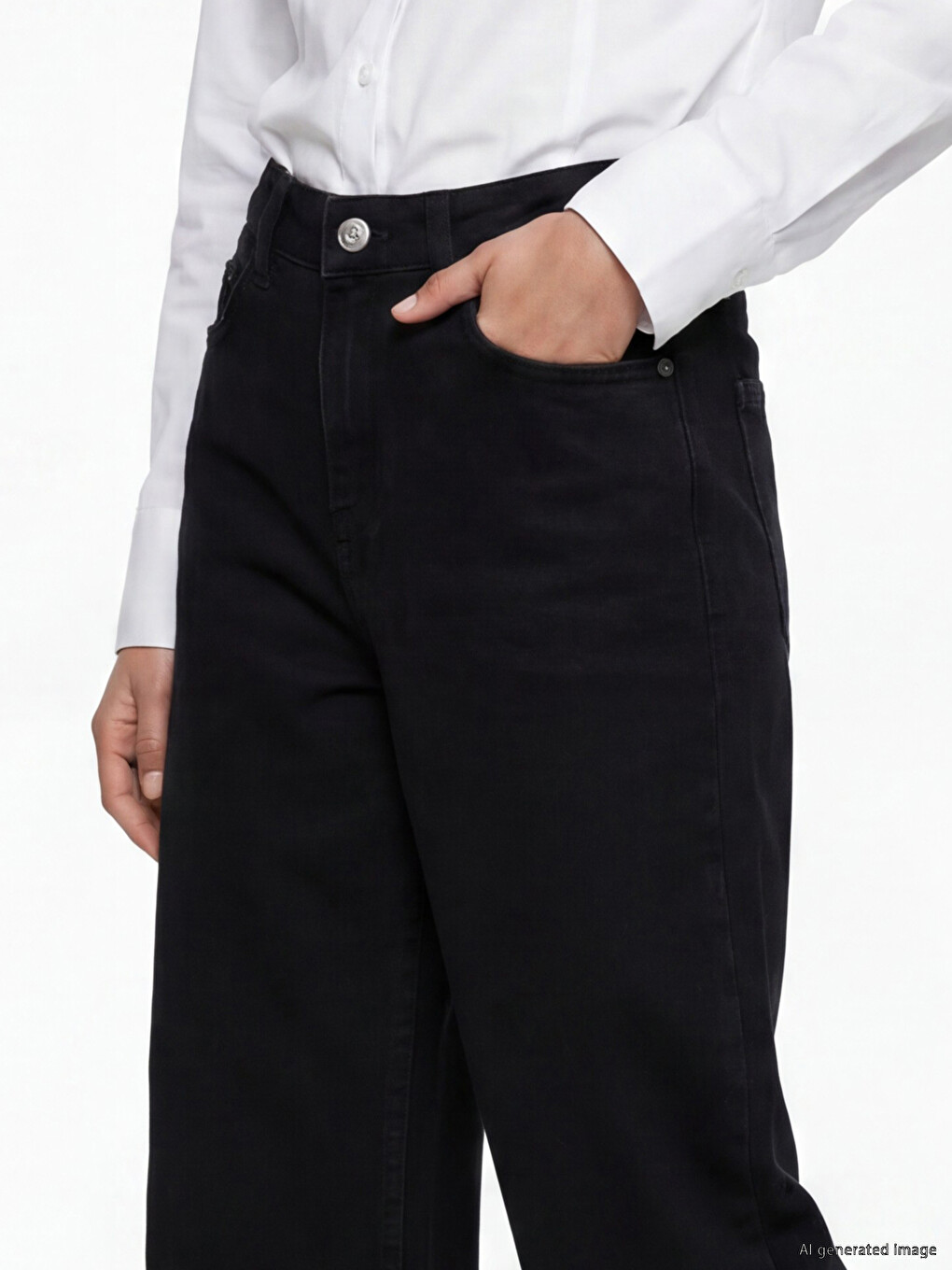 Siyah Yüksek Bel Wideleg Kadın Jean Pantolon-2