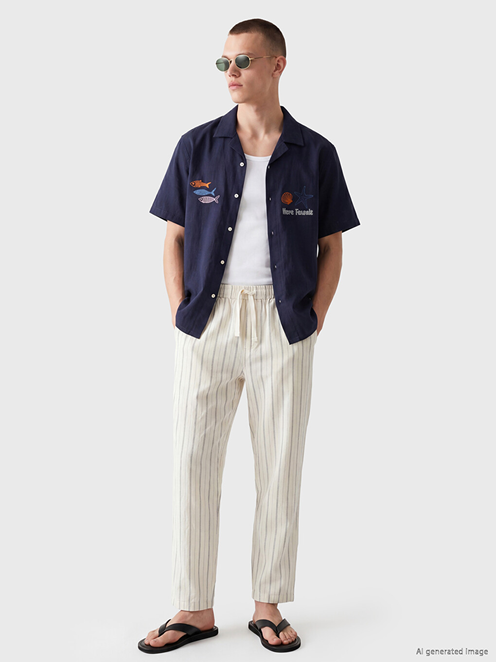 Bej Relax Fit Çizgili Keten Karışımlı Erkek Pantolon-1