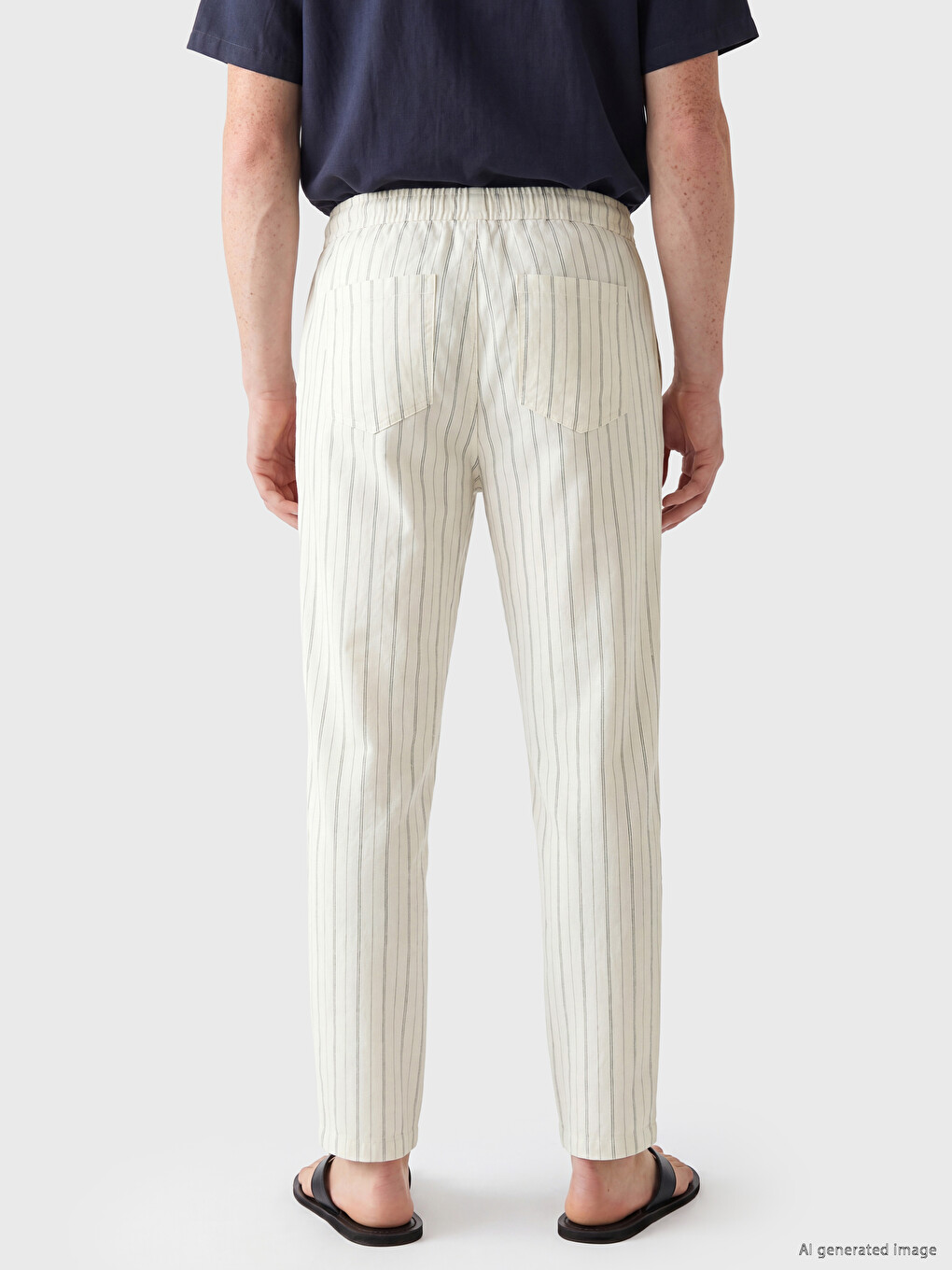 Bej Relax Fit Çizgili Keten Karışımlı Erkek Pantolon-3
