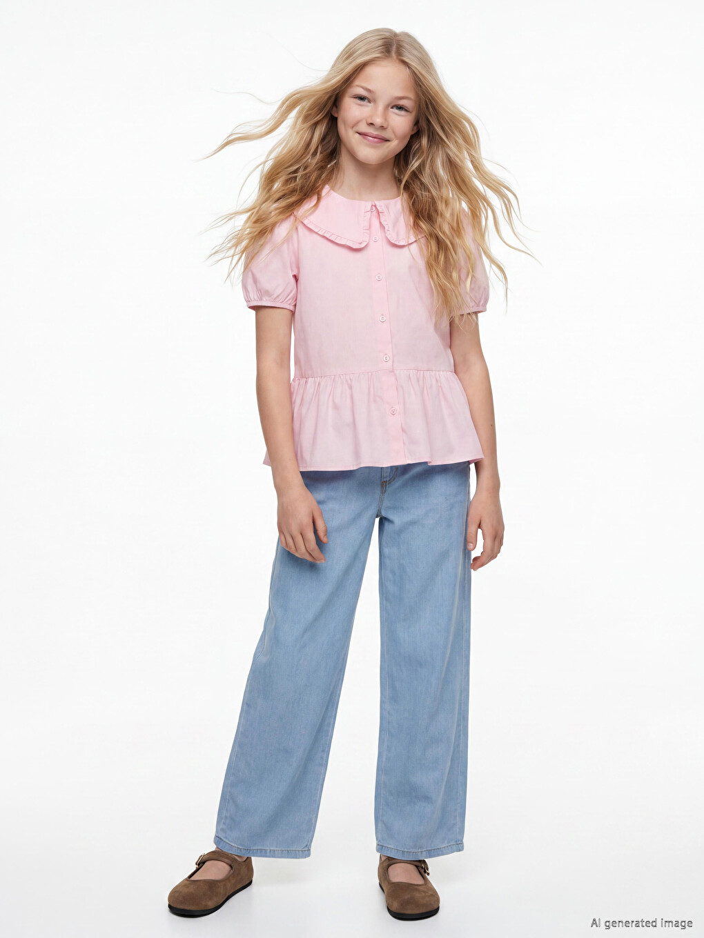İndigo Wideleg Kız Çocuk Jean Pantolon-1
