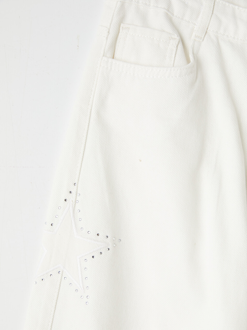 Beyaz Wideleg Taşlı Kız Çocuk Jean Pantolon-3