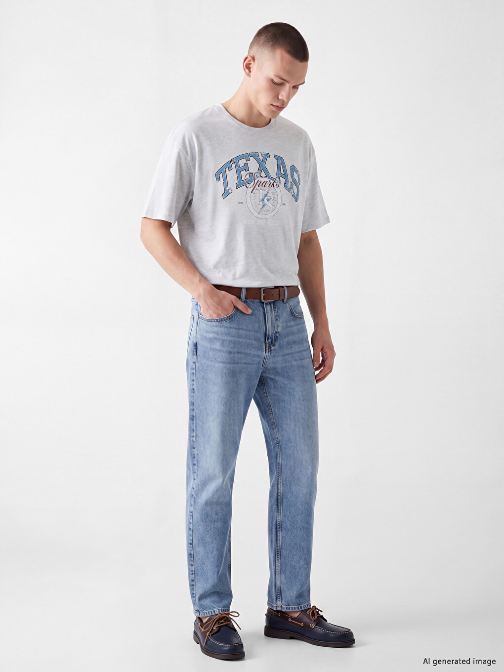 Beyaz Bisiklet Yaka Texas Baskılı Erkek Tişört-1