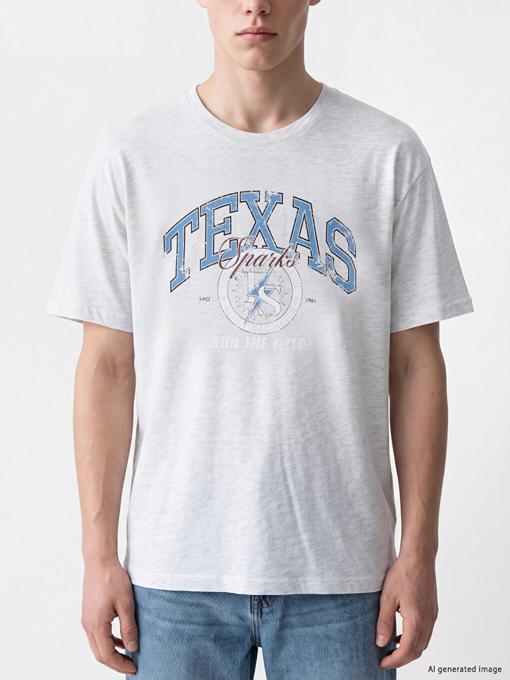 Beyaz Bisiklet Yaka Texas Baskılı Erkek Tişört-2