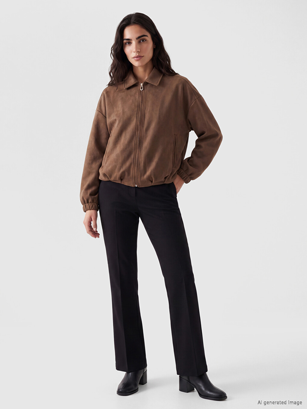Xhaketë Suede I Rremë Me Jakë Këmishë Për Gra-1