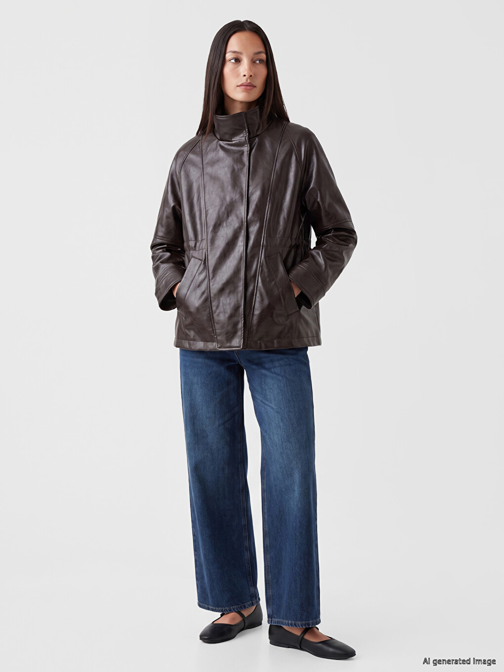 Mock Neck Women's Faux Leather Jacket-1