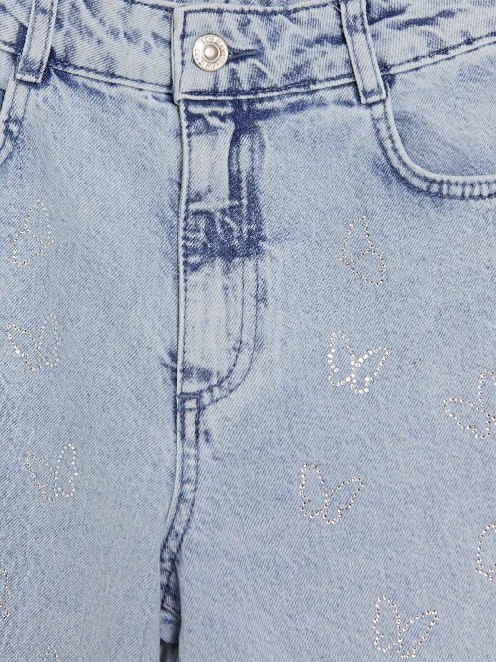 Mavi Wideleg Taşlı Kız Çocuk Jean Pantolon-1