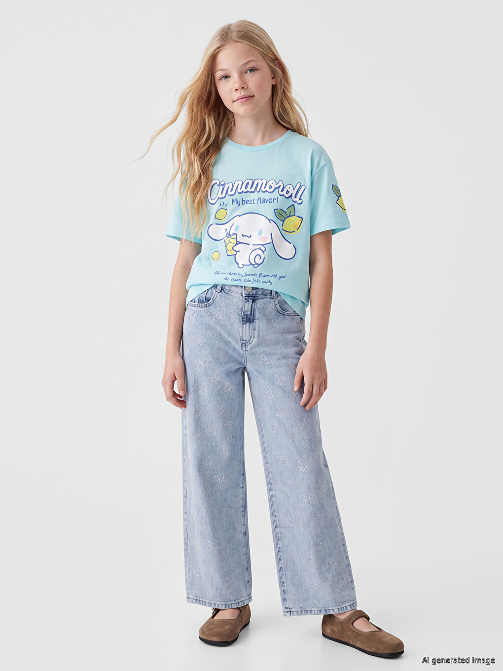 Mavi Wideleg Taşlı Kız Çocuk Jean Pantolon-1