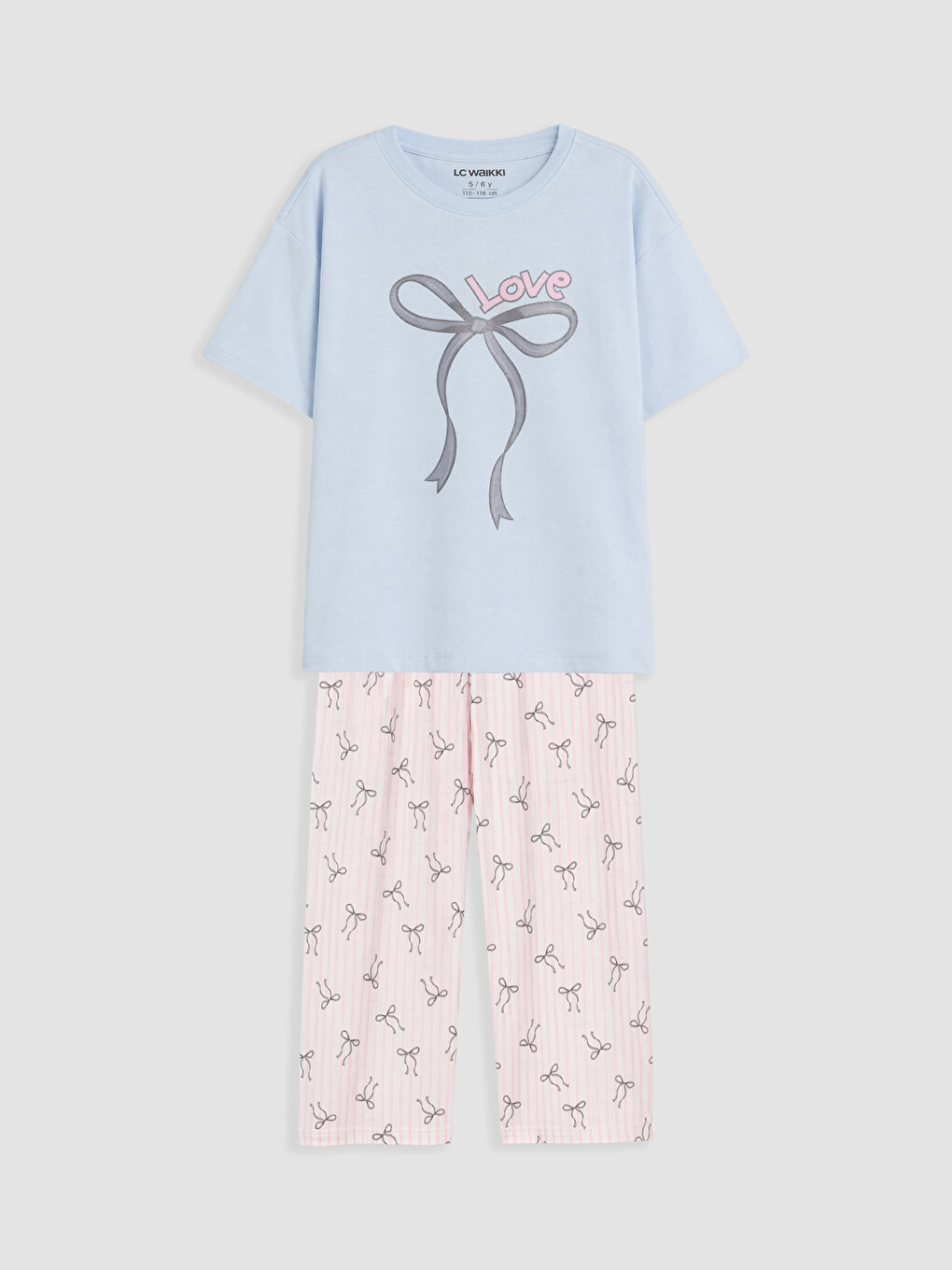 Mavi Baskılı Kız Çocuk Kaprili Pijama Takımı
