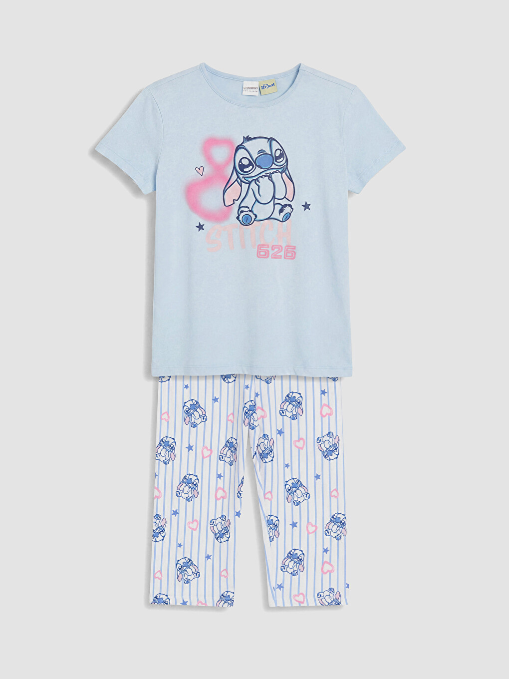 Mavi Stitch Baskılı Kız Çocuk Kaprili Pijama Takım