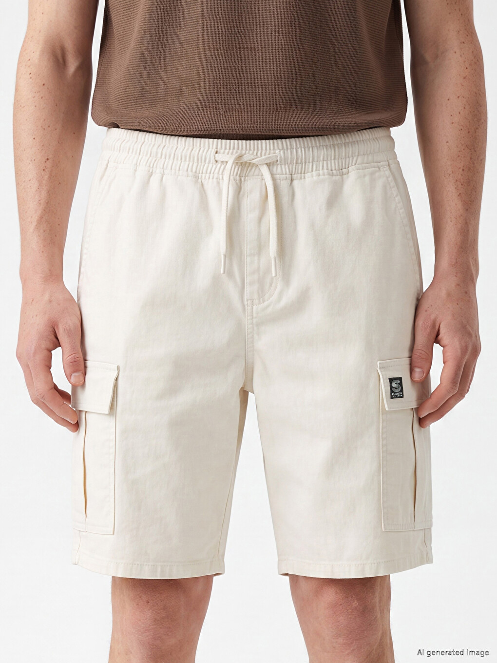 Ekru Standart Kalıp Erkek Kargo Şort-2
