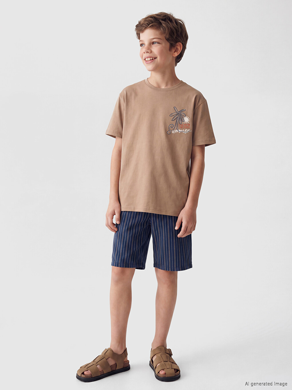 Kahverengi Bisiklet Yaka Erkek Çocuk Şortlu Pijama Takımı-1