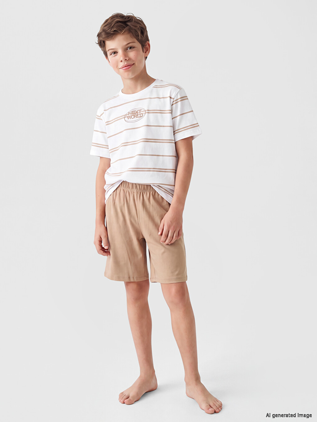 Beyaz Bisiklet Yaka Erkek Çocuk Şortlu Pijama Takımı-1