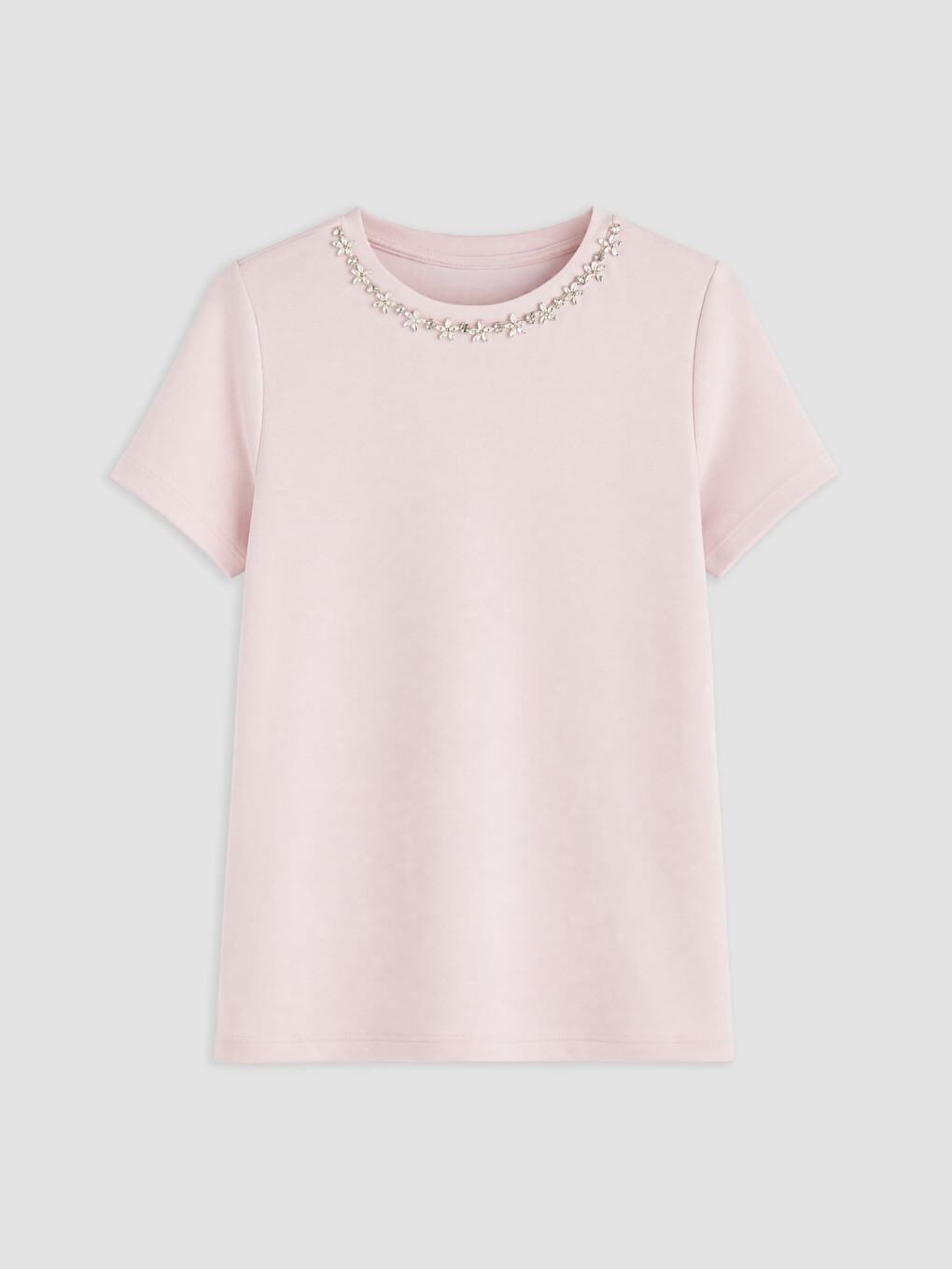 Pembe Bisiklet Yaka Taşlı Kadın Tişört-4