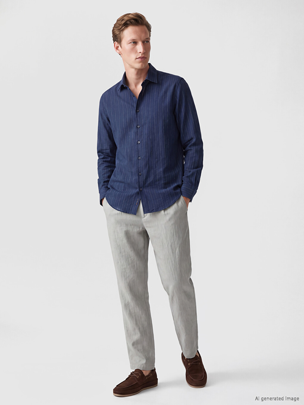 Chemise Homme 100 % Lin À Rayures Coupe Régulière-1