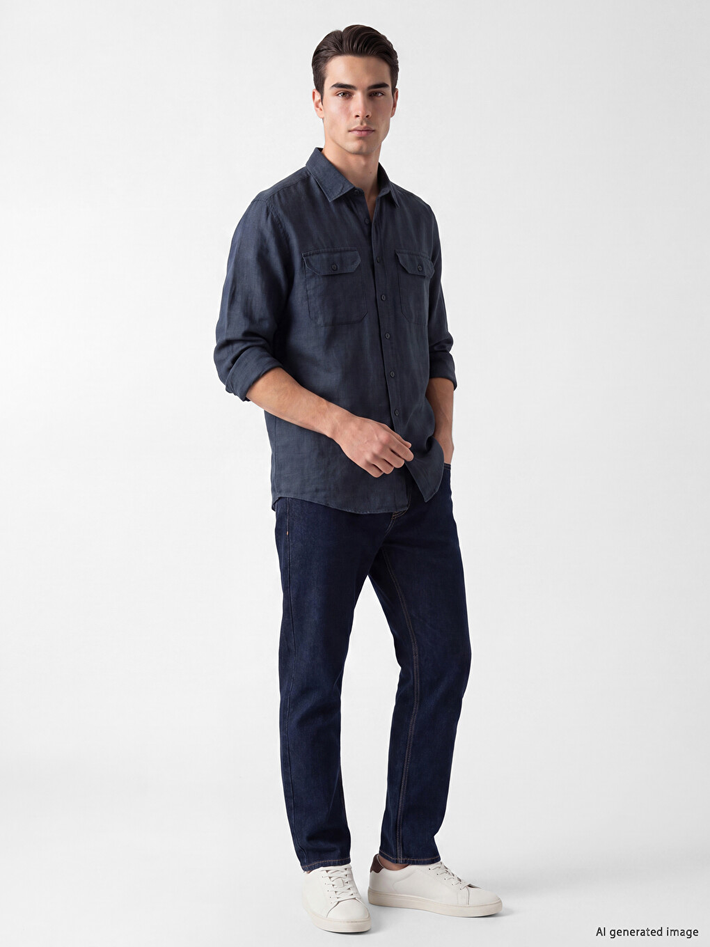 Lacivert Regular Fit %100 Keten Erkek Gömlek-1