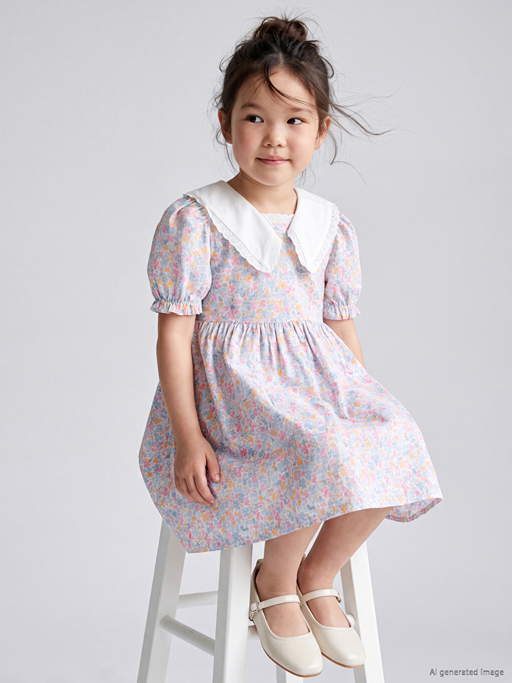 Peter Pan Collar Patterned Girls' Dress