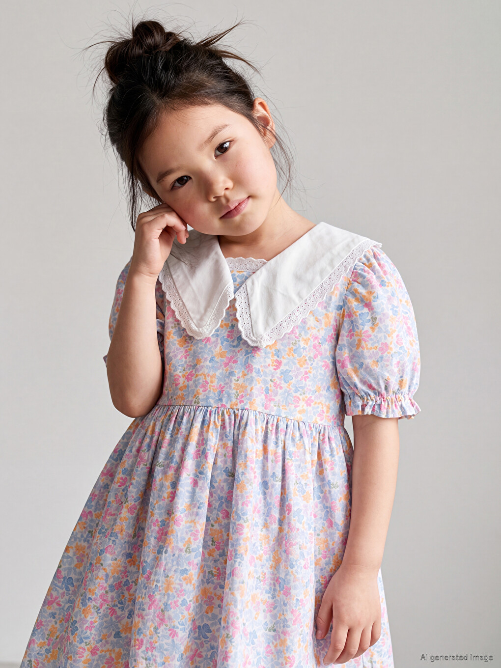 Peter Pan Collar Patterned Girls' Dress-1