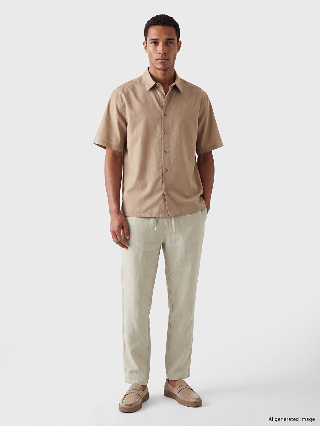 Bej Regular Fit Keten Görünümlü Erkek Pantolon-1