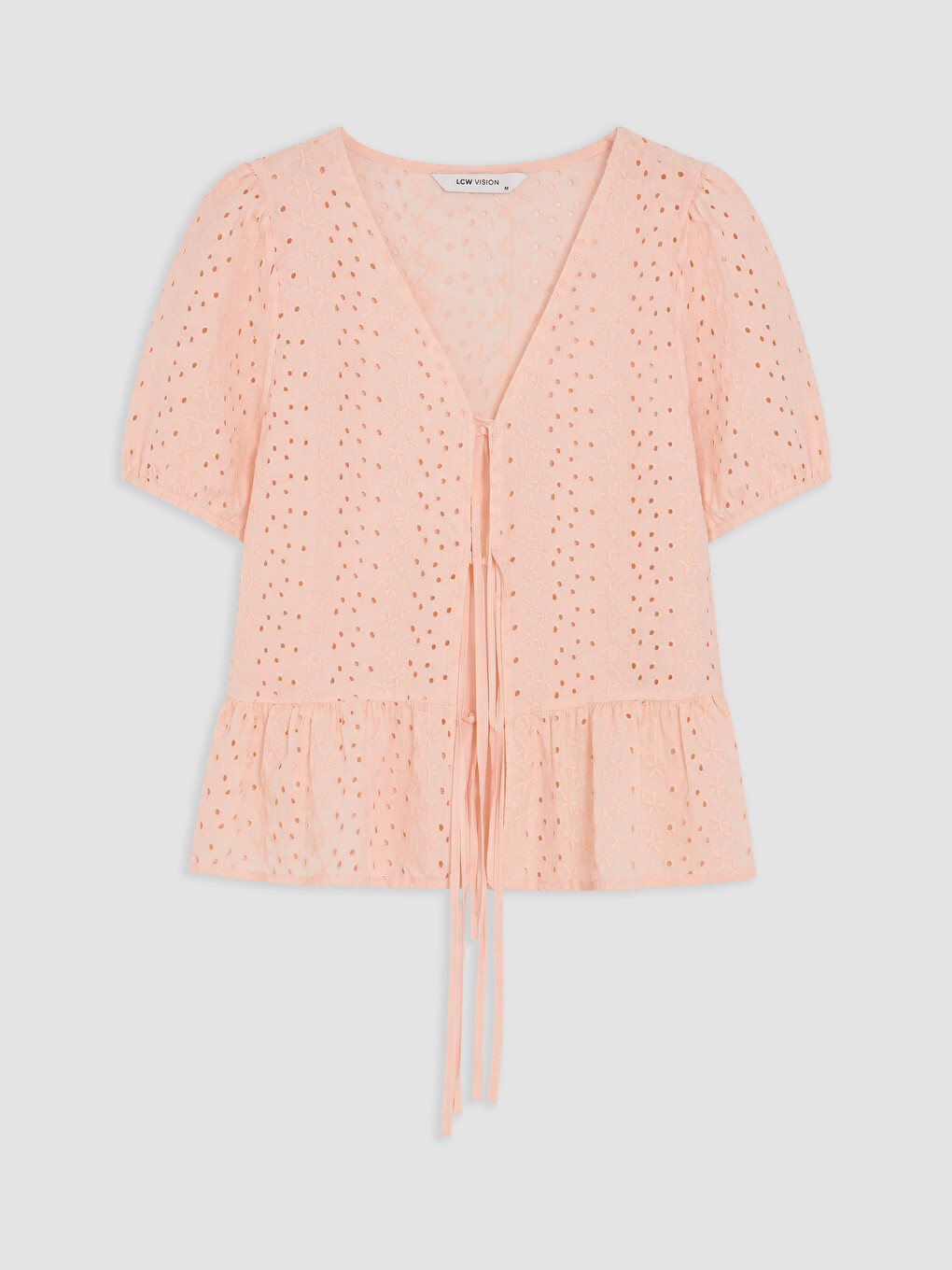 Pembe Brode Bağlamalı Peplum Bluz