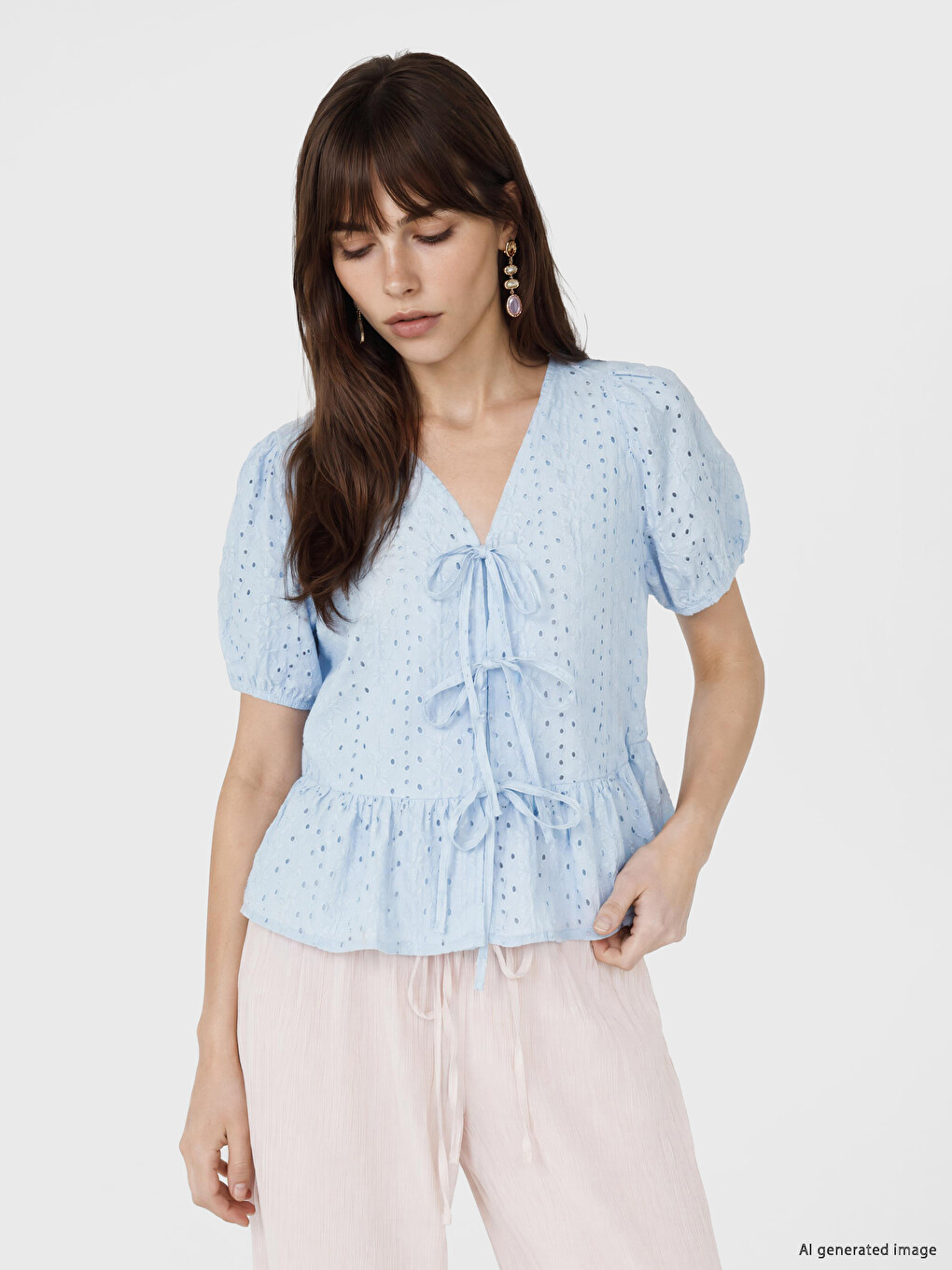 Broderie Tie-up Peplum Blouse
