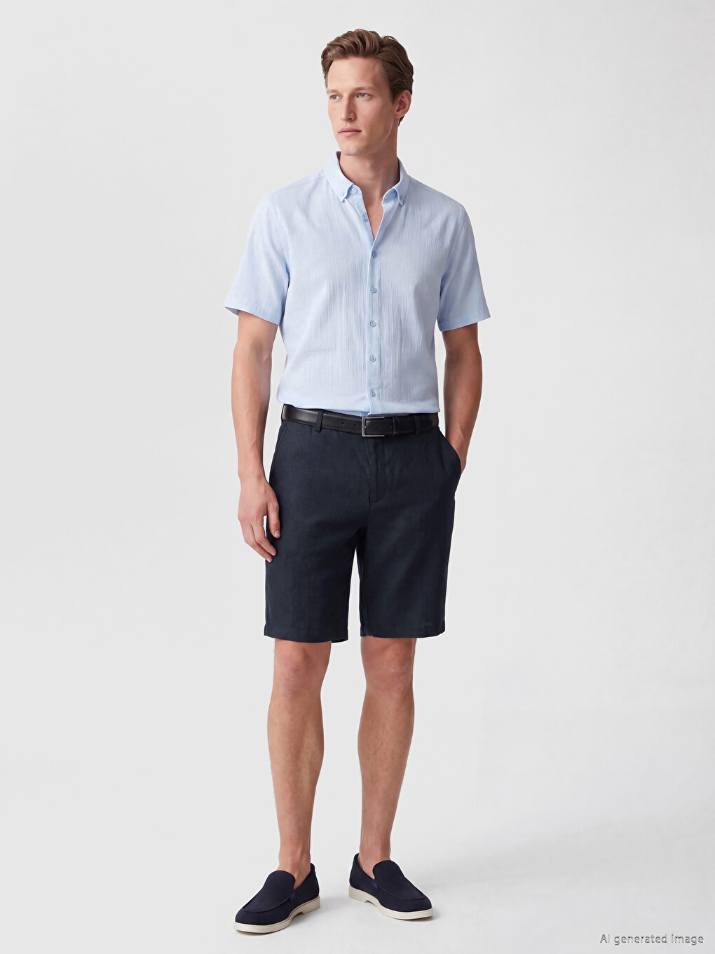 Lacivert Regular Fit Keten Karışımlı Erkek Şort-1