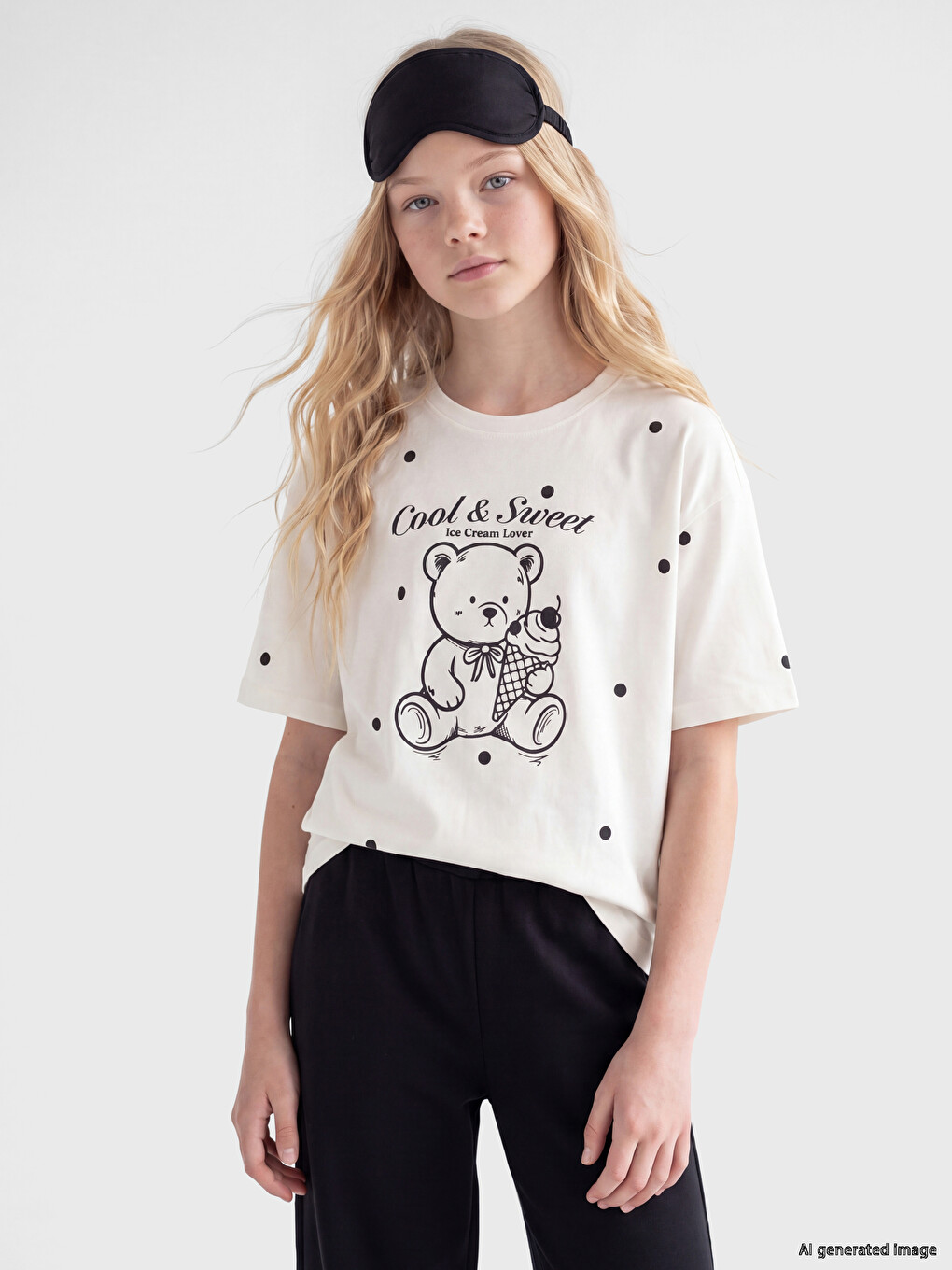 Ekru Baskılı Kız Çocuk Pijama Üst