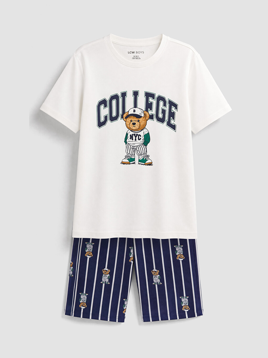 Ekru Bisiklet Yaka Erkek Çocuk Şortlu Pijama Takımı