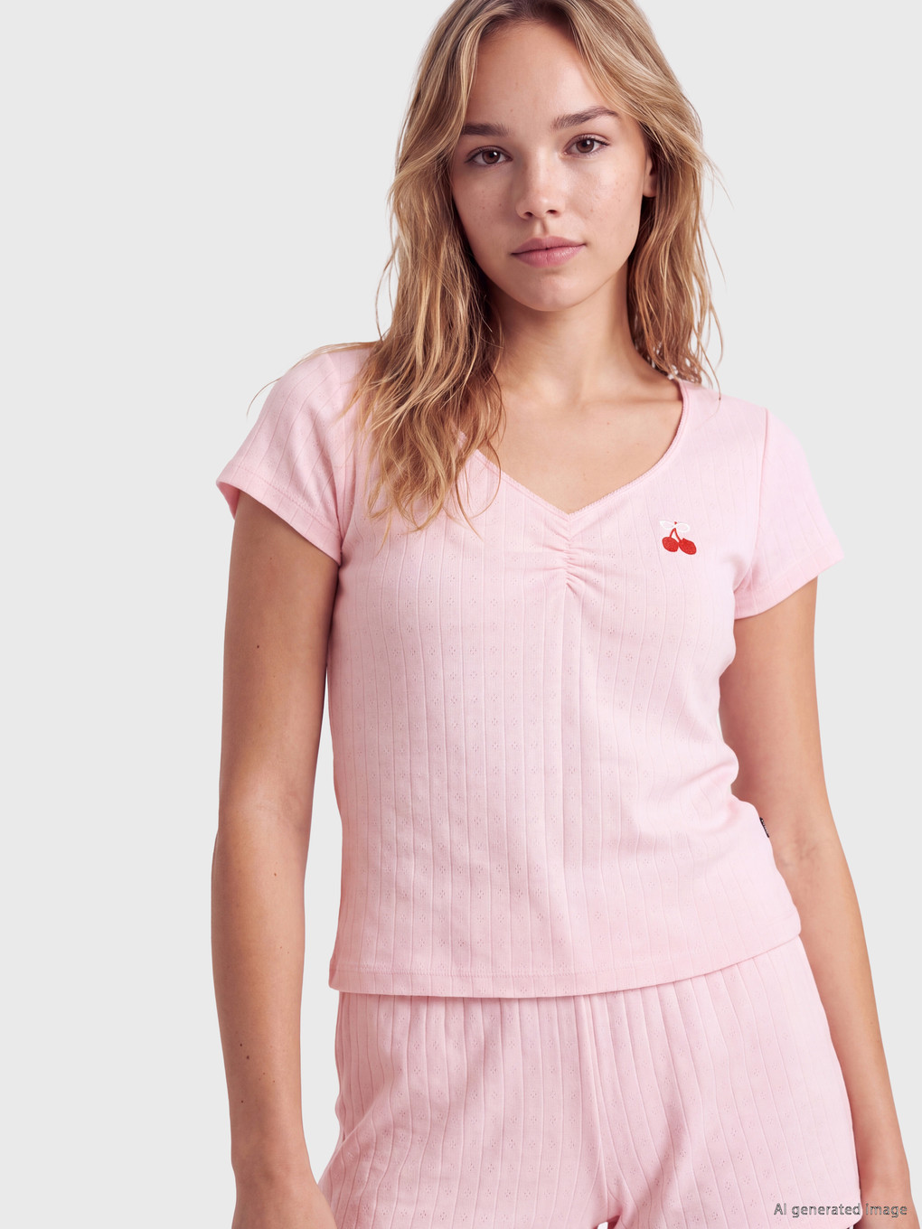 Pembe Kiraz Baskılı Kadın Şortlu Pijama Takımı-1