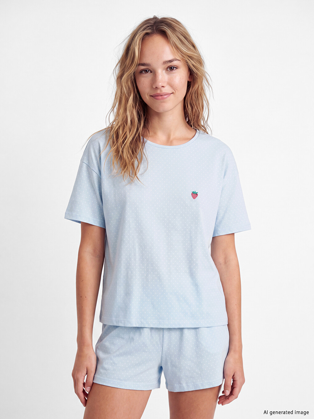 Mavi Nakışlı Kadın Şortlu Pijama Takımı-1