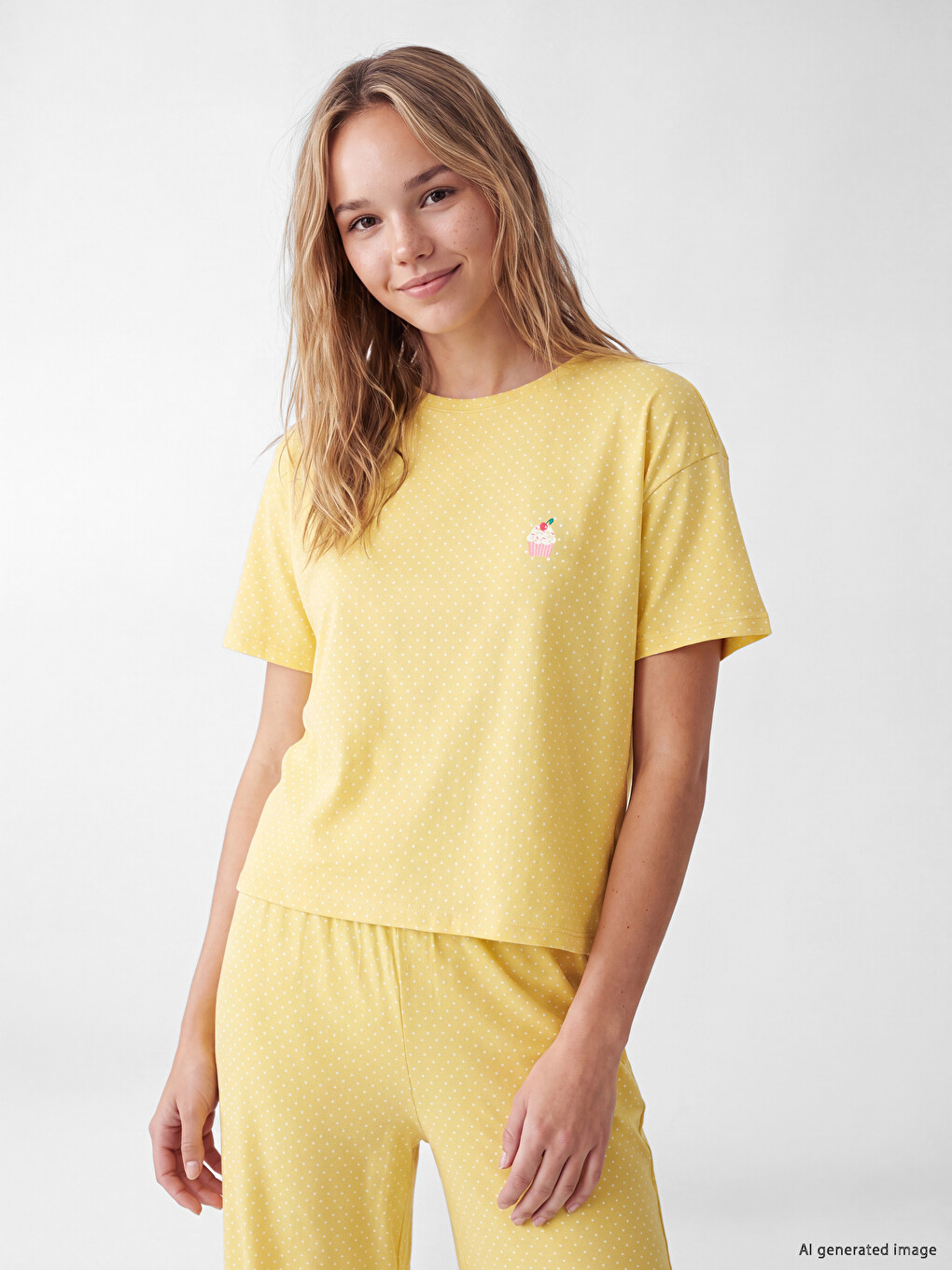 Sarı Puantiyeli Kadın Pijama Takım-1