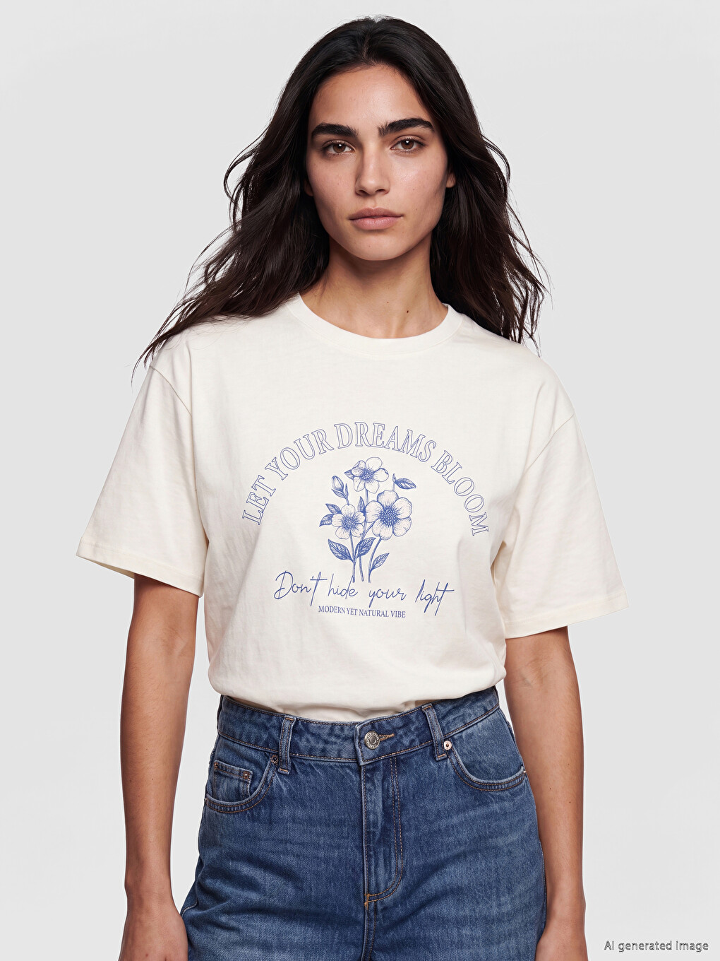 Ekru Oversize %100 Pamuklu Kadın Tişört