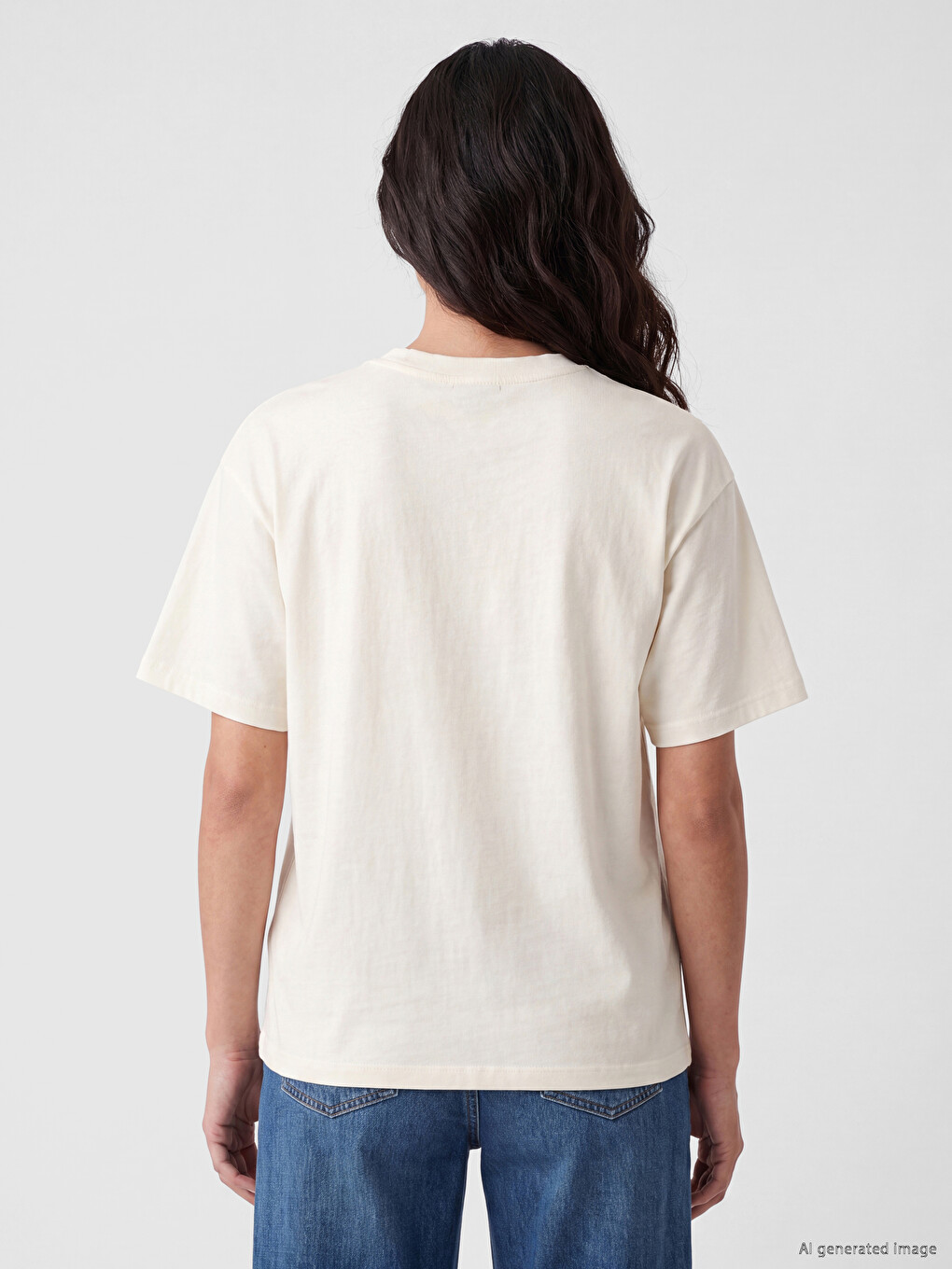 Ekru Oversize %100 Pamuklu Kadın Tişört-3