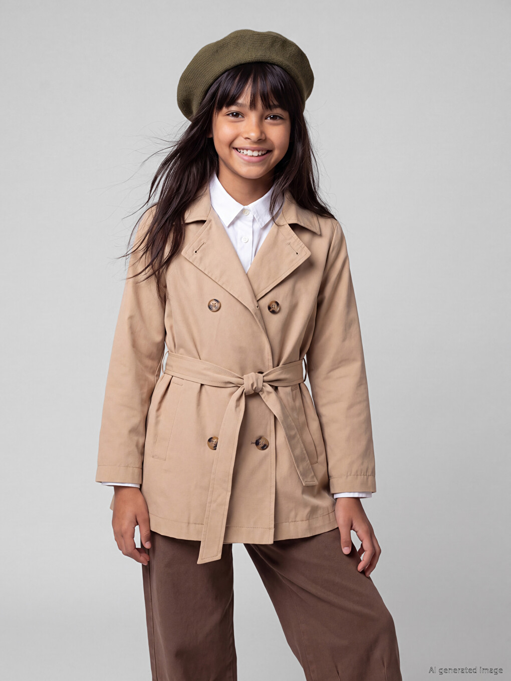 Shirt Collar Girls' Gabardine Trench Coat