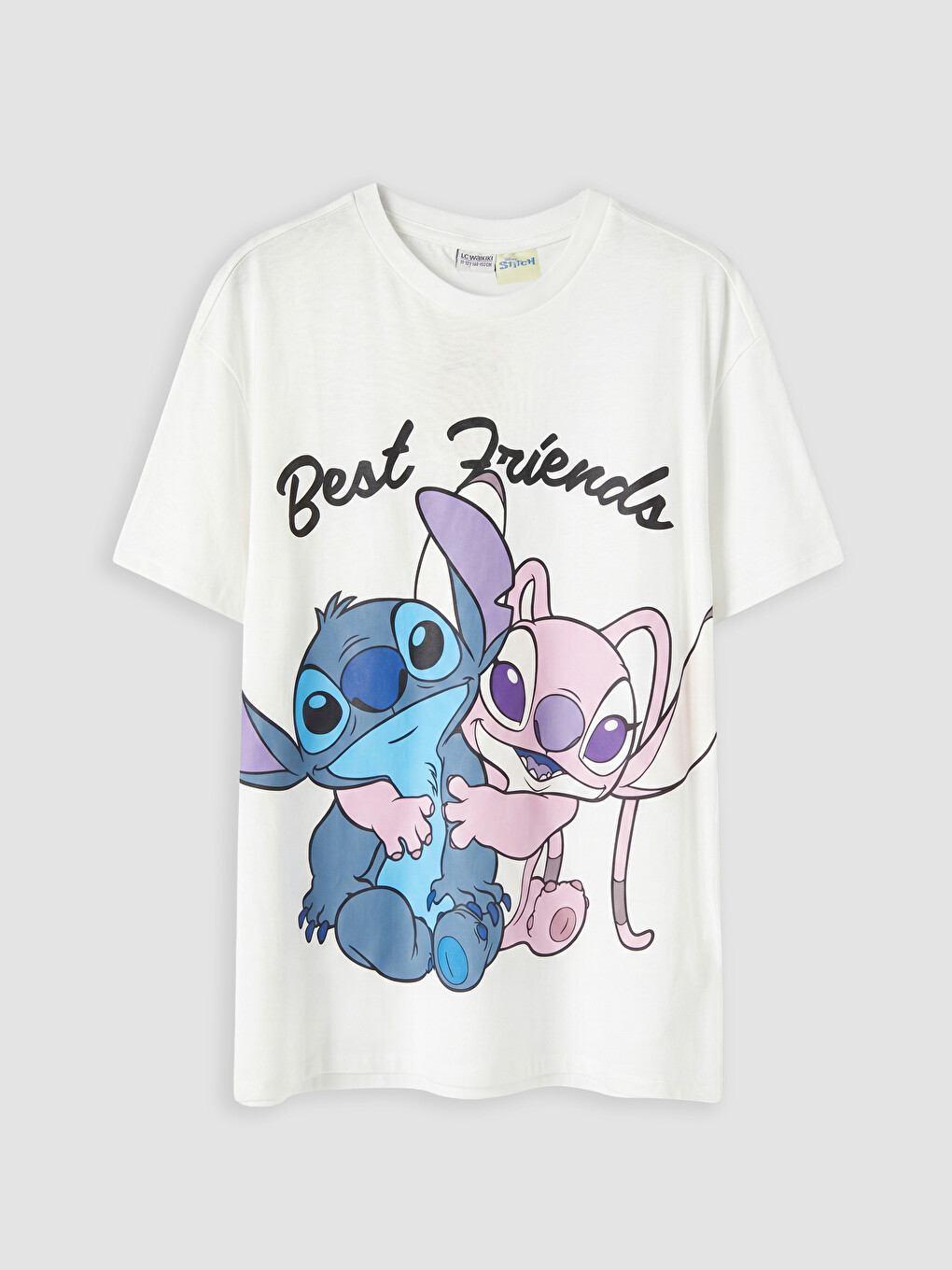 Beyaz Stitch ve Angel Baskılı Kız Çocuk Tişört