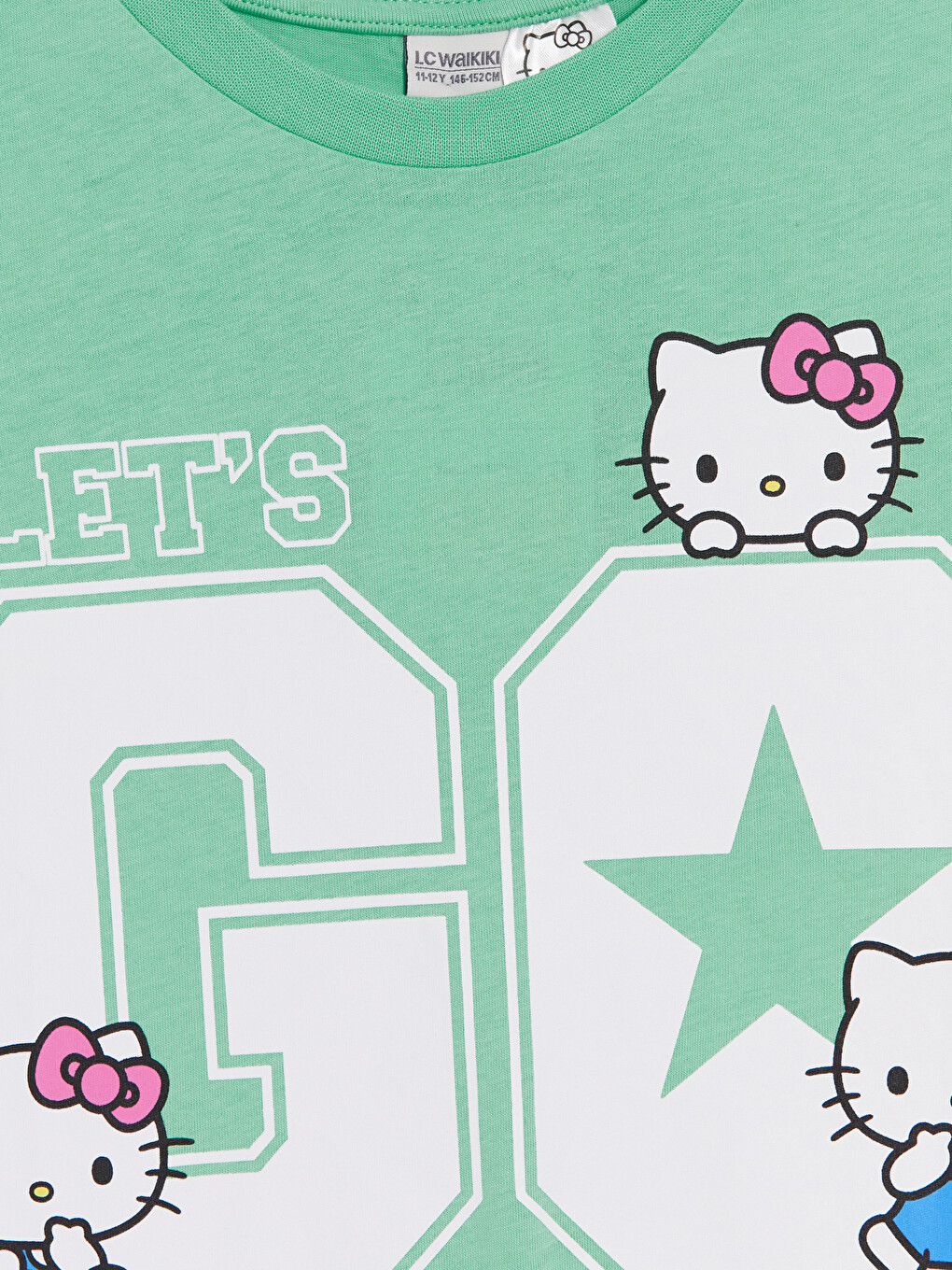 Yeşil Bisiklet Yaka Hello Kitty Baskılı Kız Çocuk Tişört-1