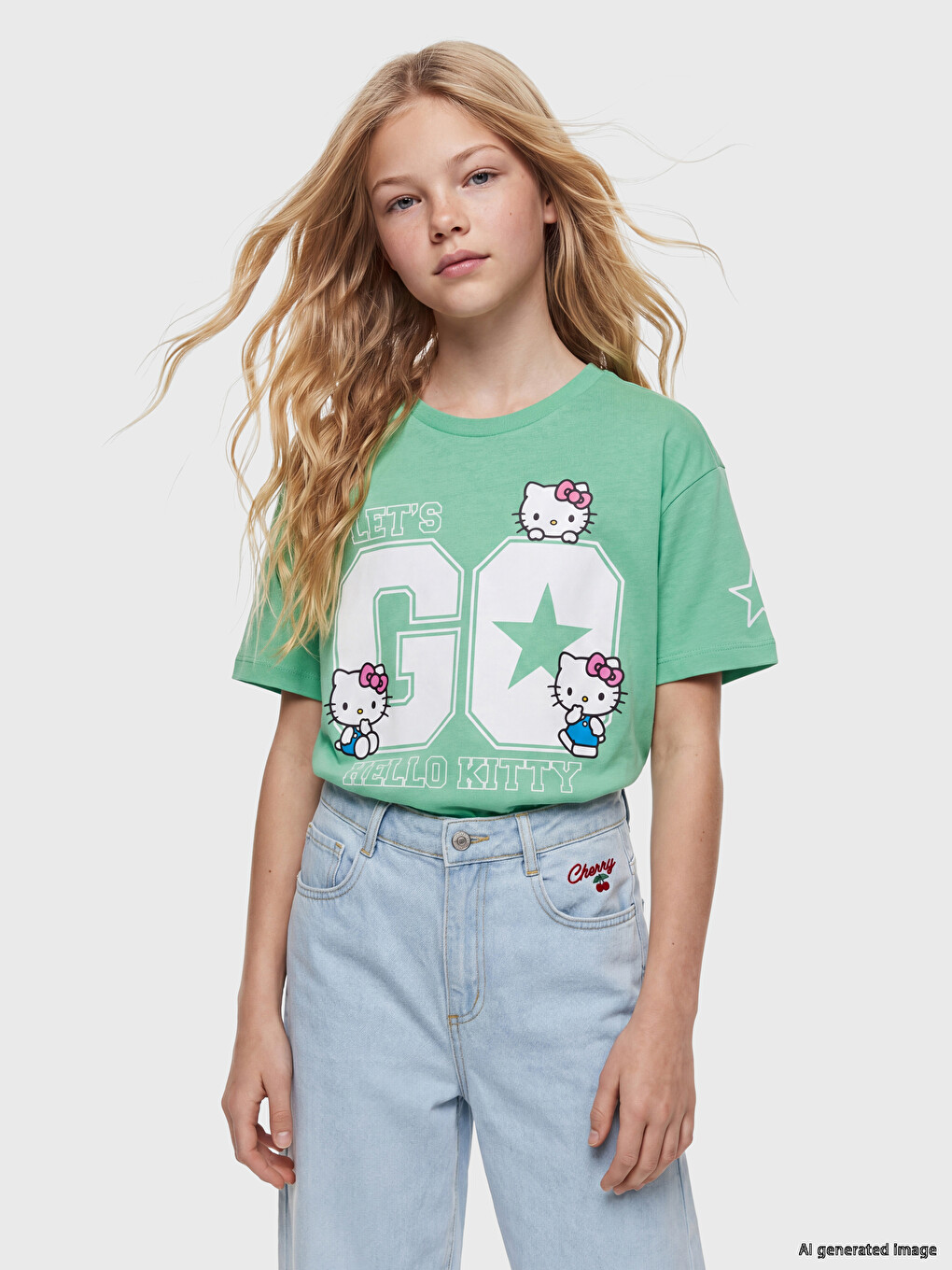 Yeşil Bisiklet Yaka Hello Kitty Baskılı Kız Çocuk Tişört