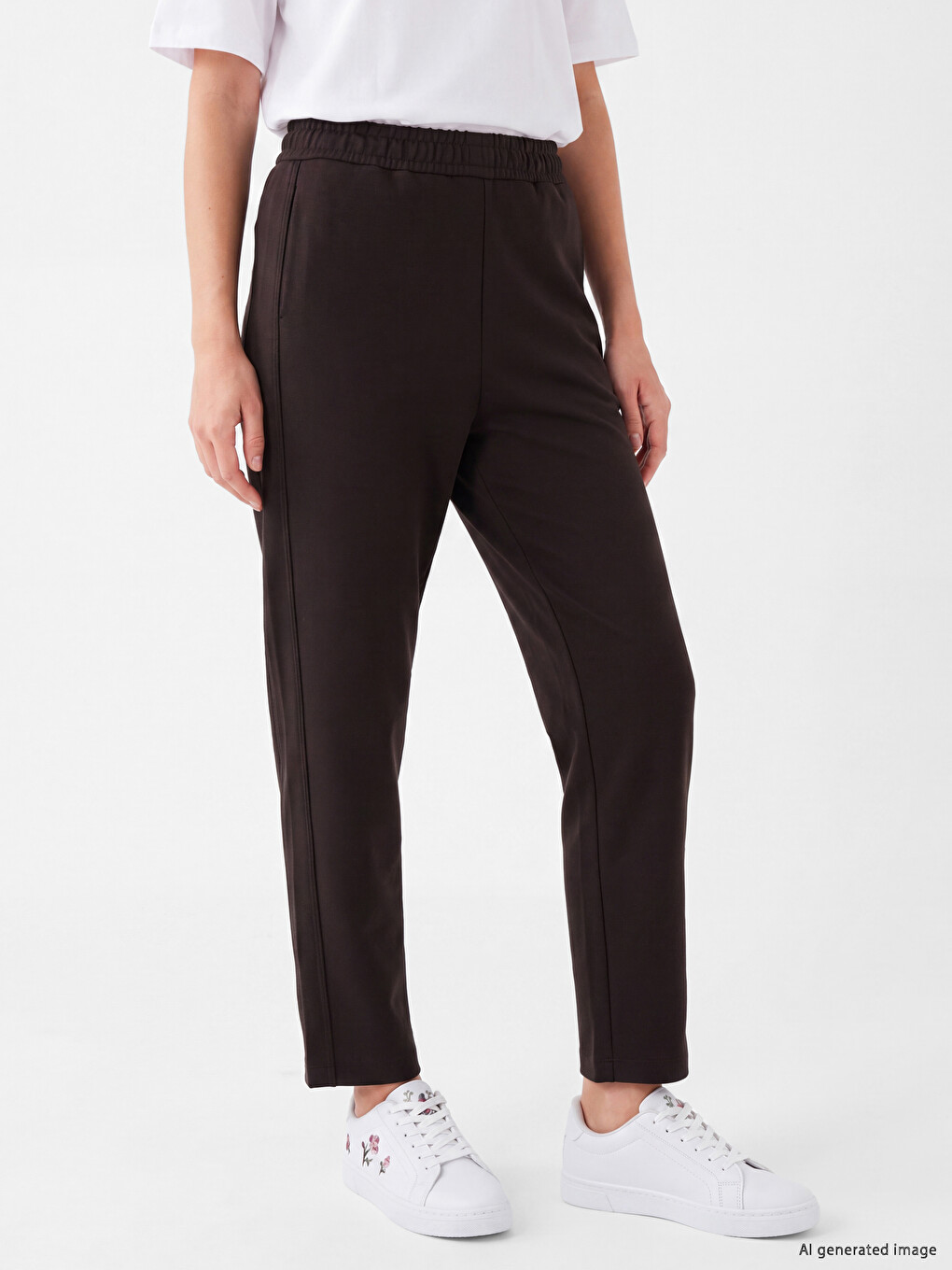 Kahverengi Beli Lastikli Soft Touch Kadın Pantolon-1